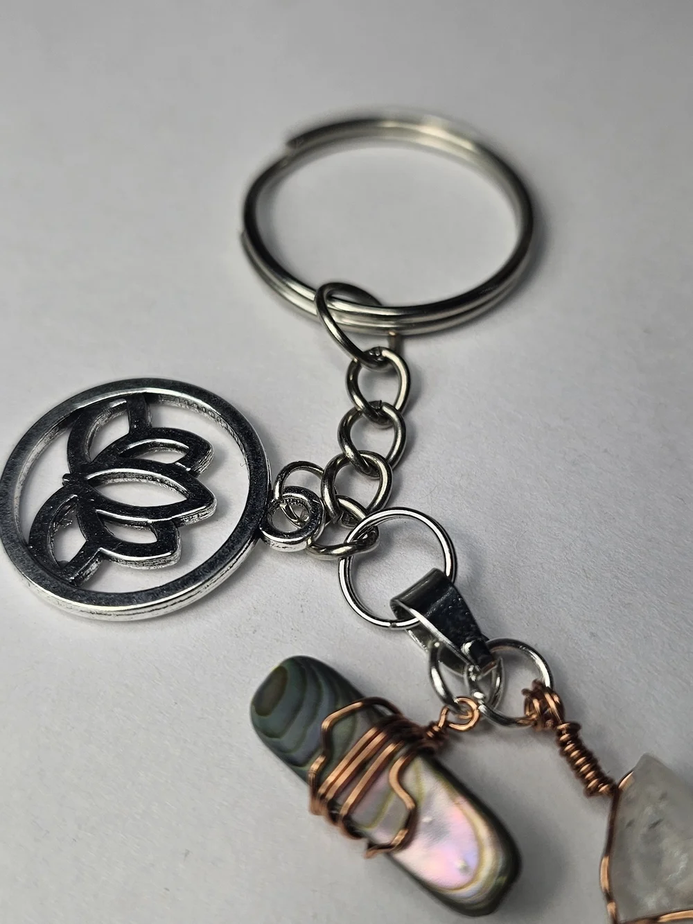 Wire-Wrapped Quartz Crystal Keychain with Metal Accents